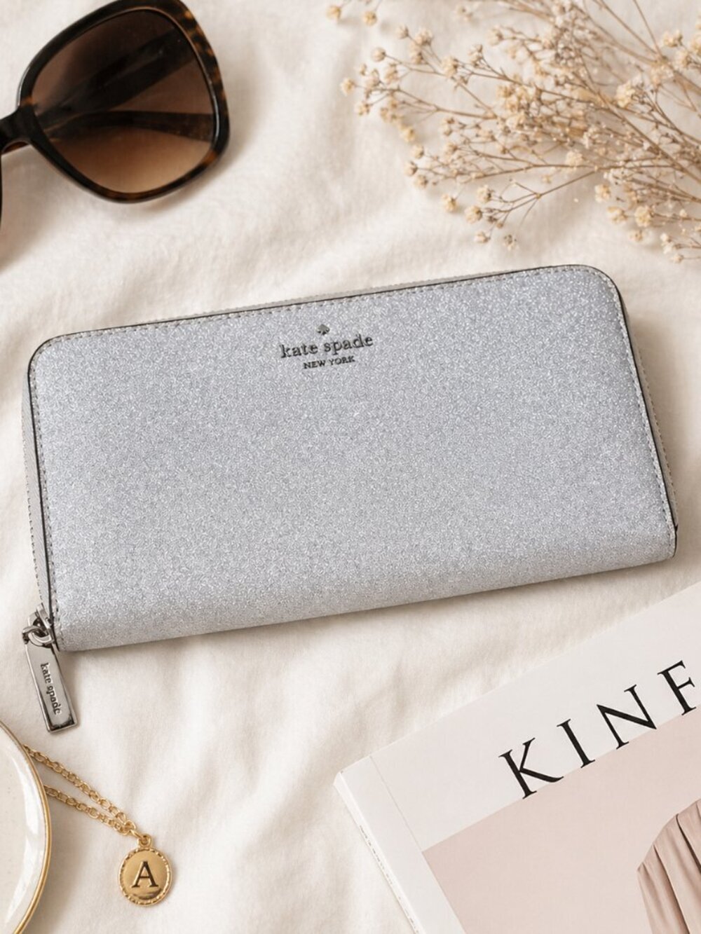 Kate Spade Lola Large Continental Silver Gray Glitter Wallet